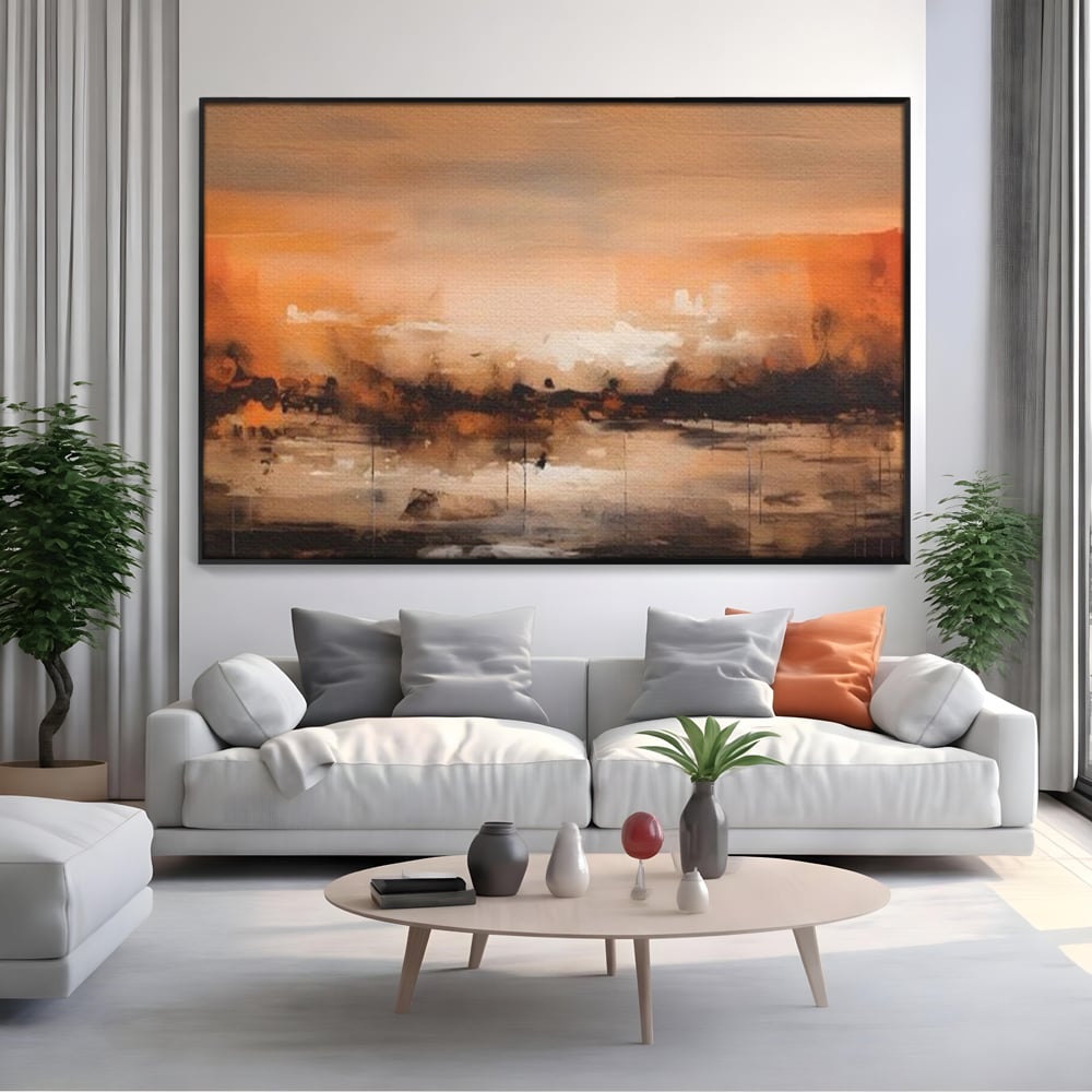 Tablou canvas cu peisaj abstract orizontal in nuante de aramiu, in rama de aluminiu negru, pe perete intr-un living